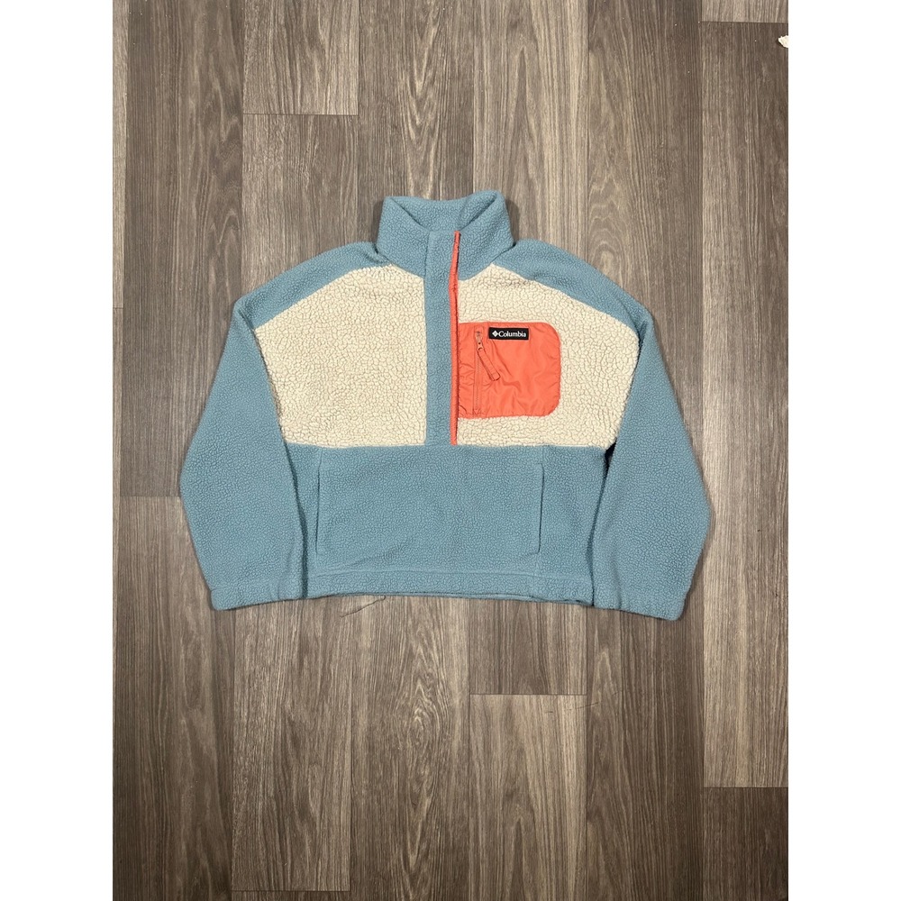 Columbia Sherpa Fleece Pullover Blue Cream Orange Snap Mock Neck Womens Medium